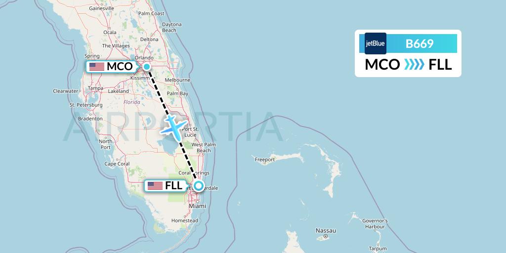 B669 JetBlue Airways Flight Map: Orlando to Fort Lauderdale