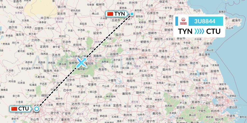 3U8844 Sichuan Airlines Flight Map: Taiyuan to Chengdu