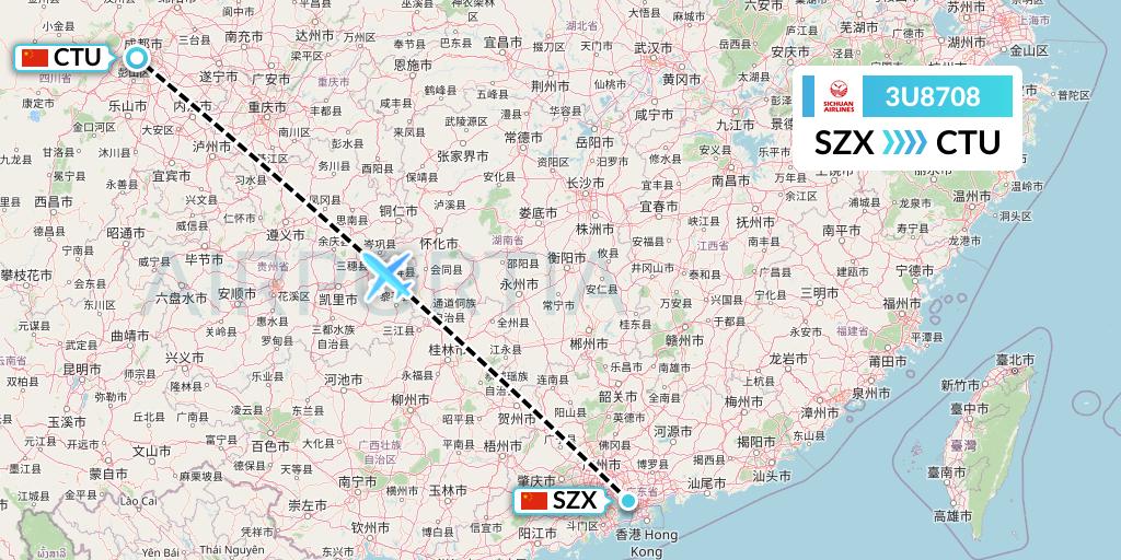3U8708 Sichuan Airlines Flight Map: Shenzhen to Chengdu