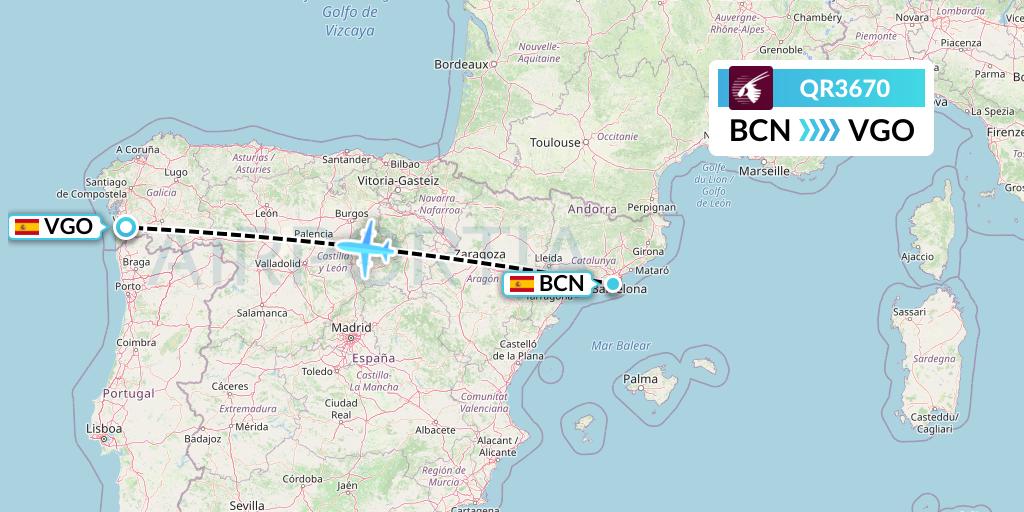 QR3670 Qatar Airways Flight Map: Barcelona to Vigo