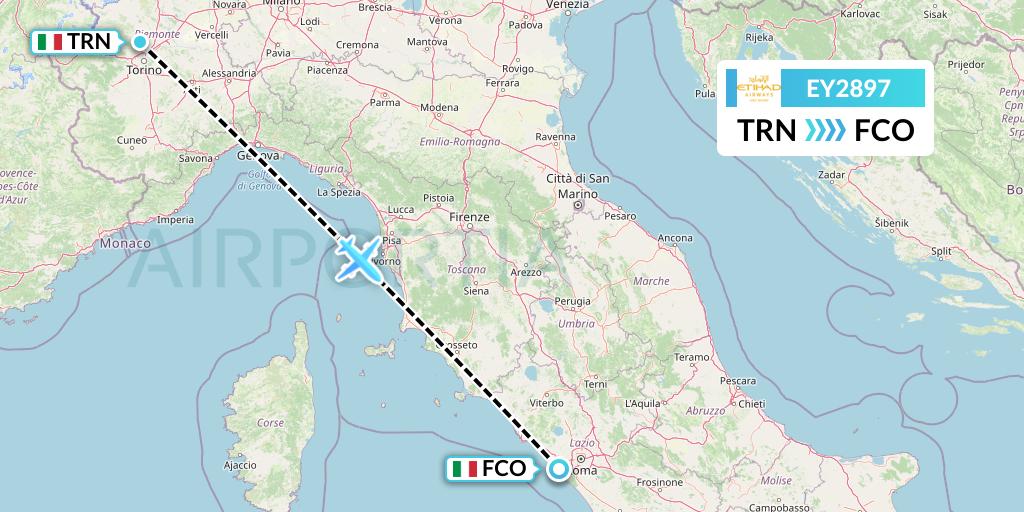 EY2897 Etihad Airways Flight Map: Turin to Rome