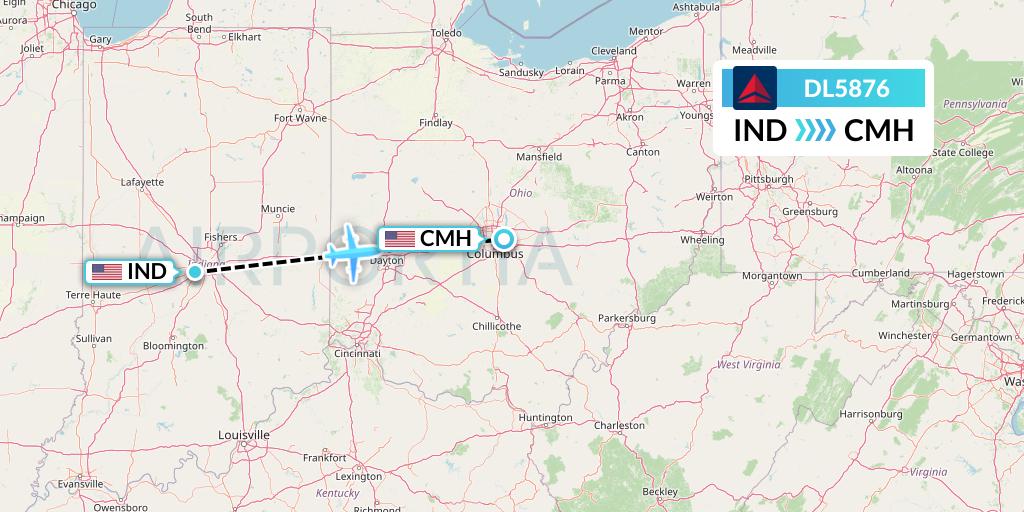 DL5876 Delta Air Lines Flight Map: Indianapolis to Columbus