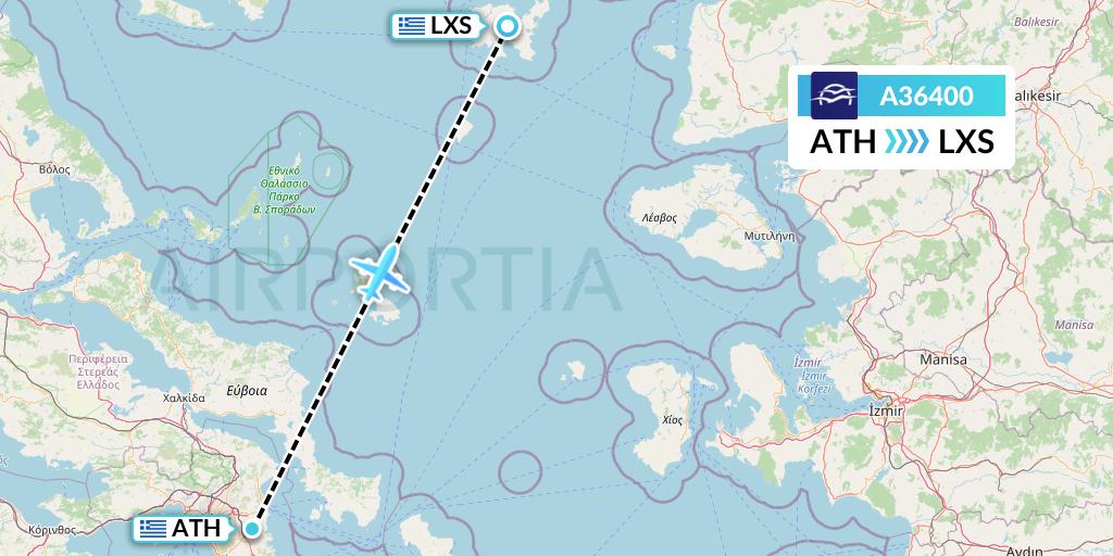 A36400 Aegean Airlines Flight Map: Athens to Lemnos