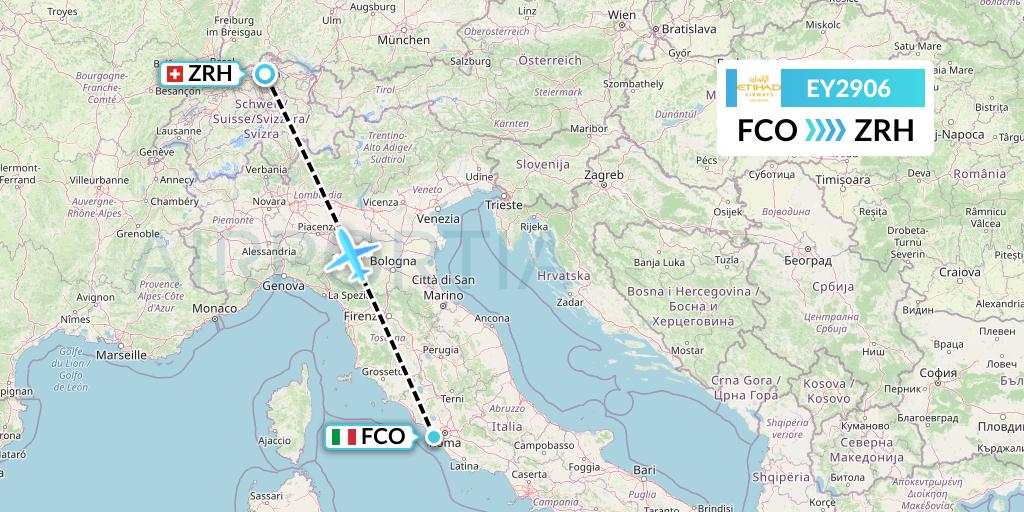 EY2906 Etihad Airways Flight Map: Rome to Zurich