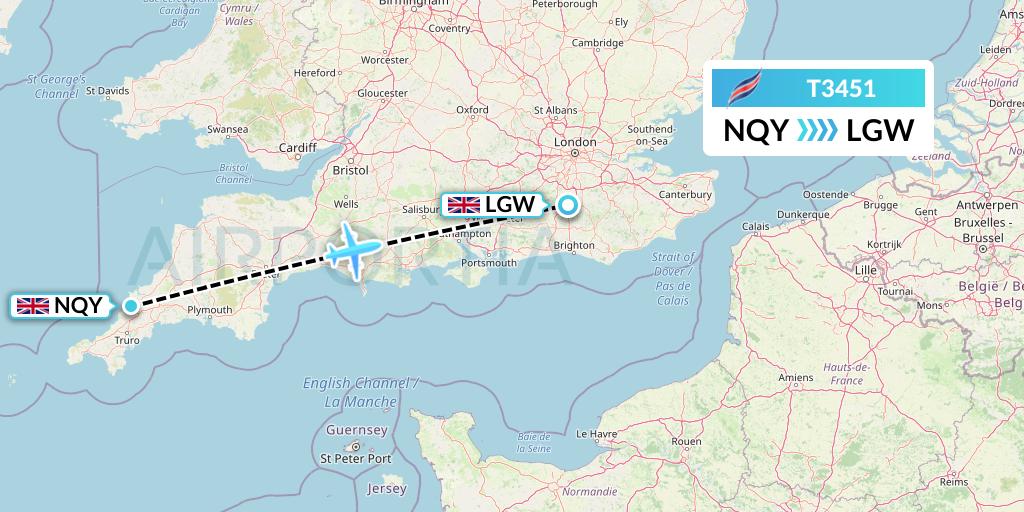T3451 Eastern Airways Flight Map: Newquay to London