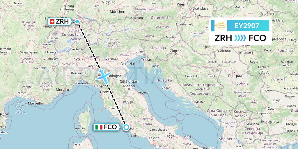 EY2907 Etihad Airways Flight Map: Zurich to Rome