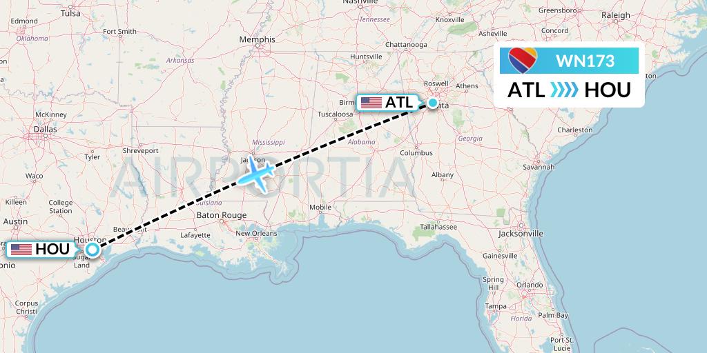 WN173 Southwest Airlines Flight Map: Atlanta to Houston