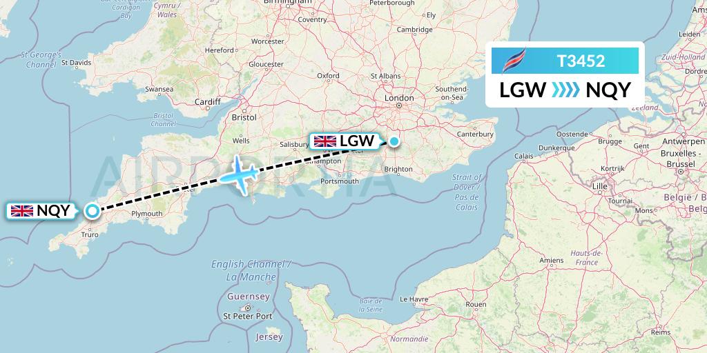 T3452 Eastern Airways Flight Map: London to Newquay
