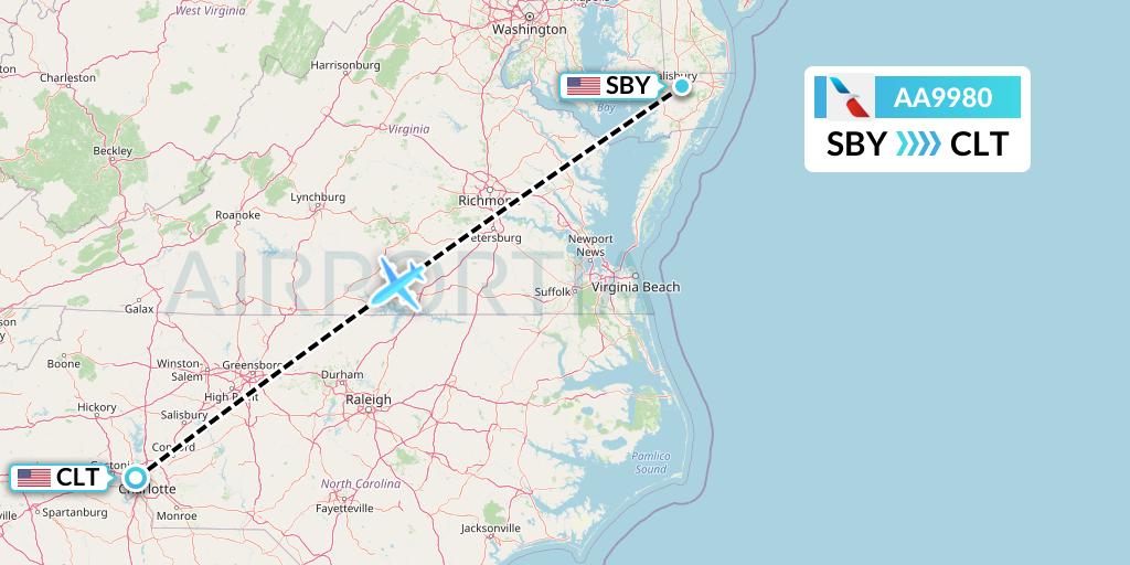 AA9980 American Airlines Flight Map: Salisbury to Charlotte