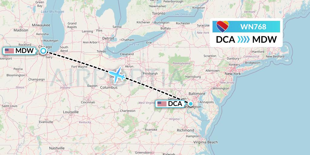 WN768 Southwest Airlines Flight Map: Washington to Chicago
