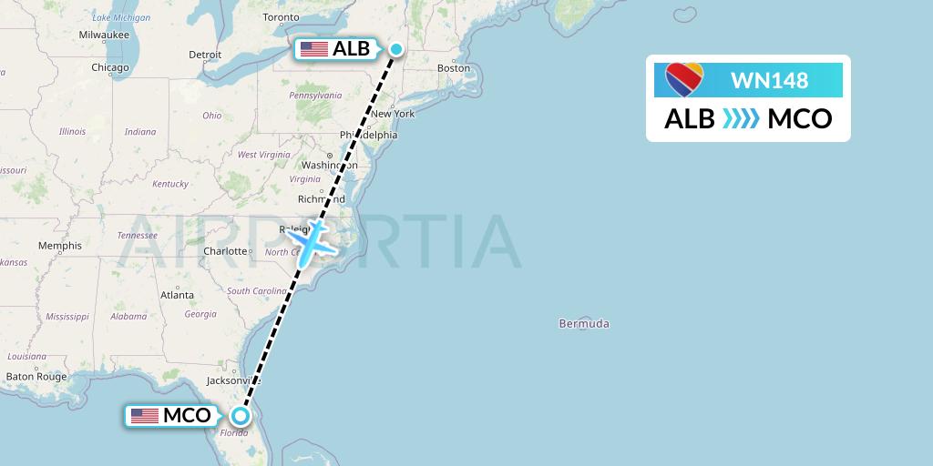 WN148 Southwest Airlines Flight Map: Albany to Orlando