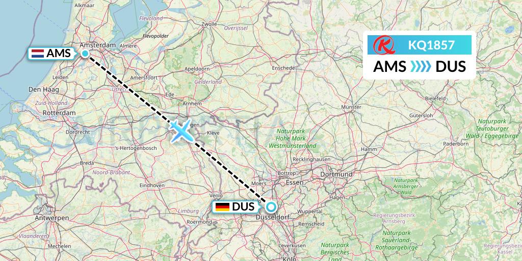 KQ1857 Kenya Airways Flight Map: Amsterdam to Dusseldorf