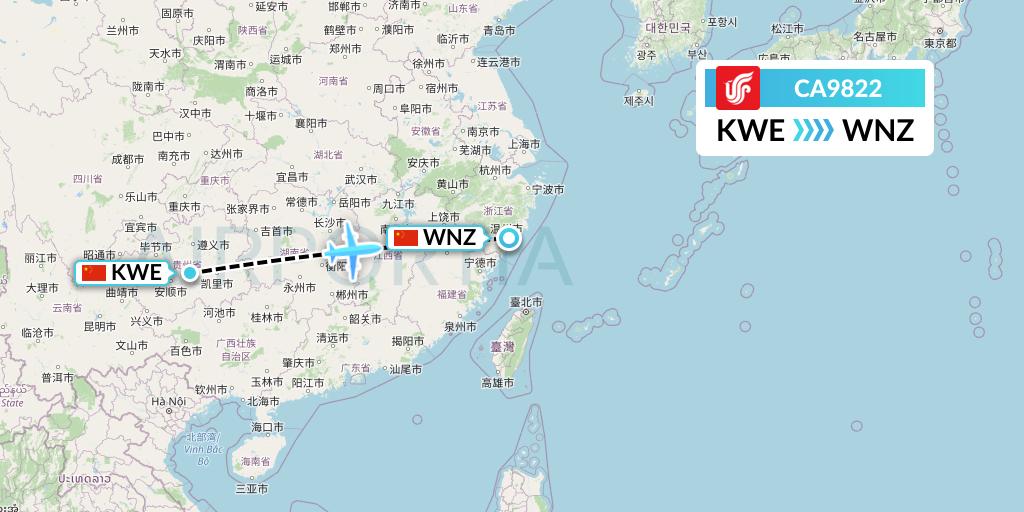 CA9822 Air China Flight Map: Guiyang to Wenzhou