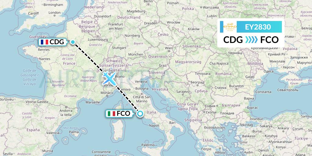 EY2830 Etihad Airways Flight Map: Paris to Rome