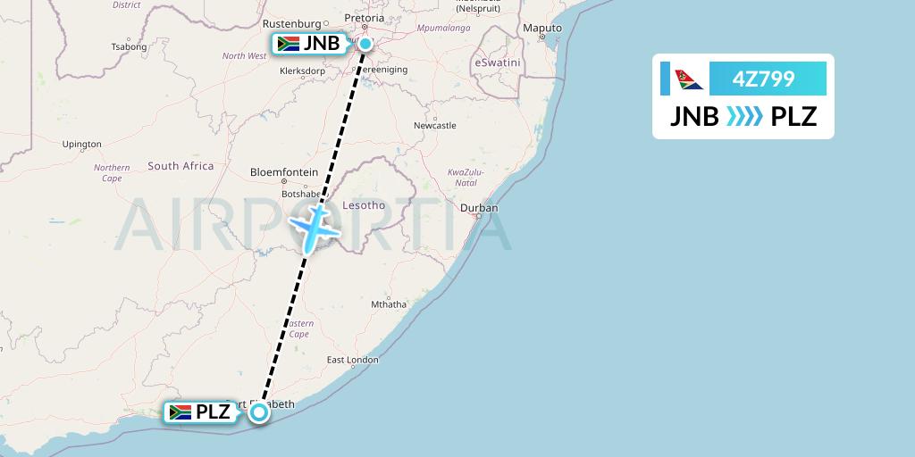 4Z799 Airlink Flight Map: Johannesburg to Port Elizabeth