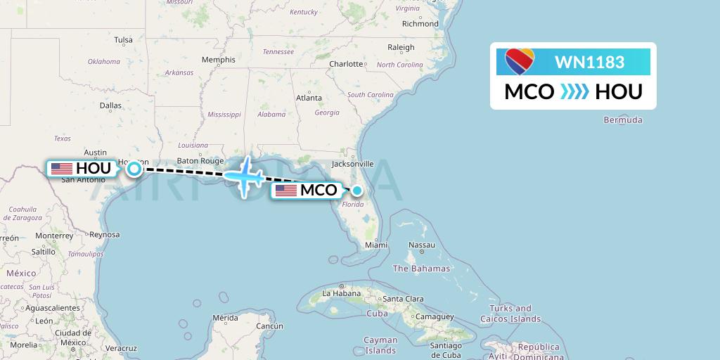 WN1183 Southwest Airlines Flight Map: Orlando to Houston
