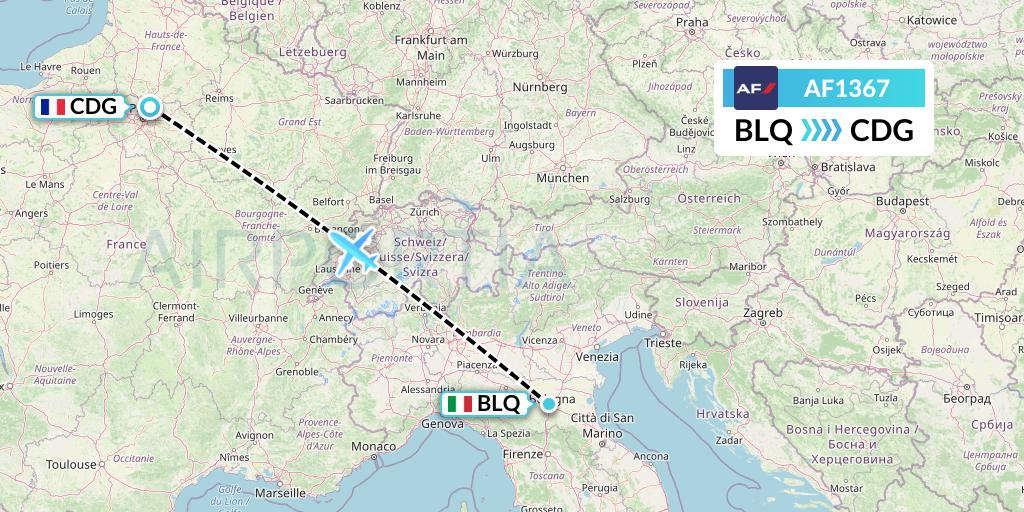 AF1367 Air France Flight Map: Bologna to Paris