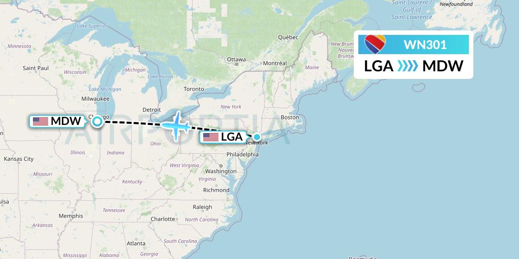 WN301 Southwest Airlines Flight Map: New York to Chicago
