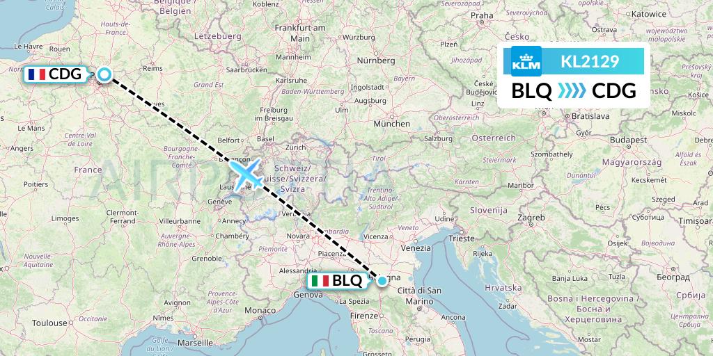 KL2129 KLM Flight Map: Bologna to Paris