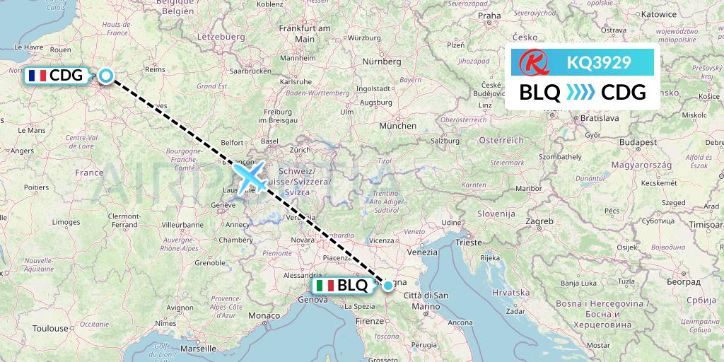 KQ3929 Kenya Airways Flight Map: Bologna to Paris