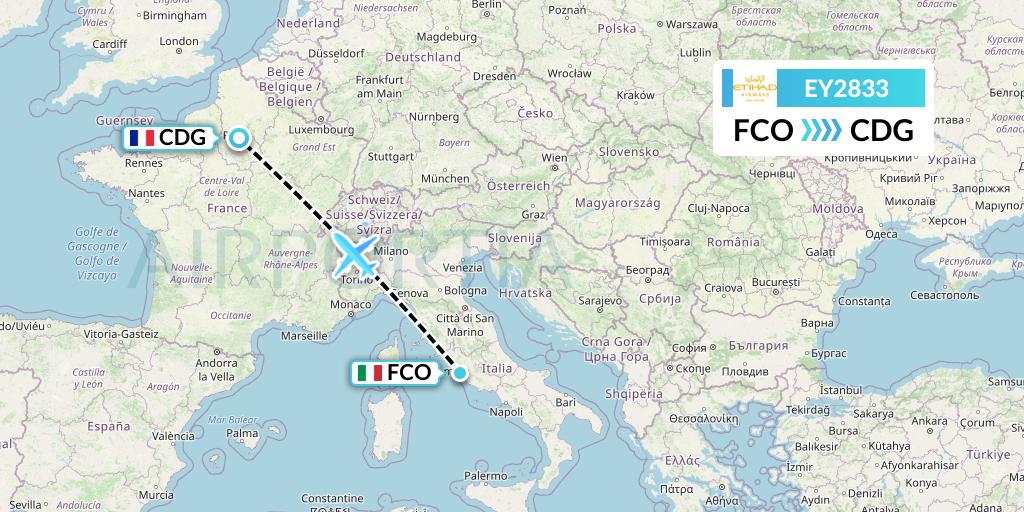 EY2833 Etihad Airways Flight Map: Rome to Paris
