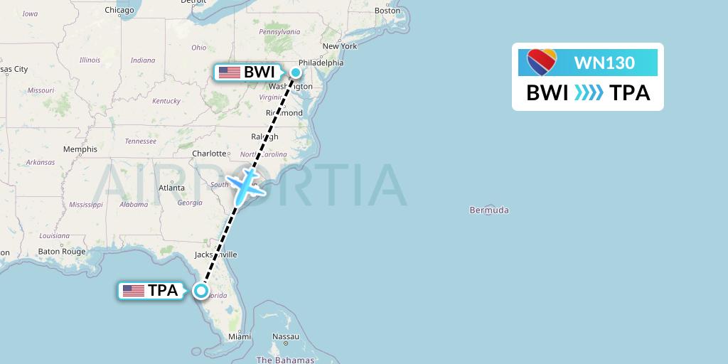 WN130 Southwest Airlines Flight Map: Baltimore to Tampa