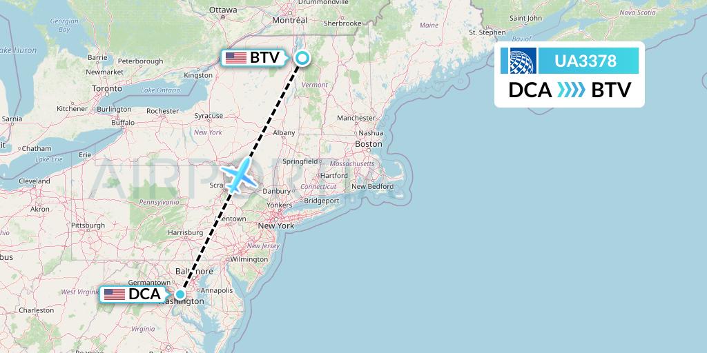 UA3378 United Airlines Flight Map: Washington to Burlington