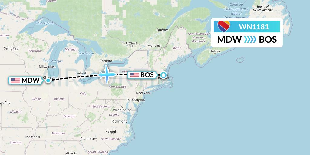 WN1181 Southwest Airlines Flight Map: Chicago to Boston