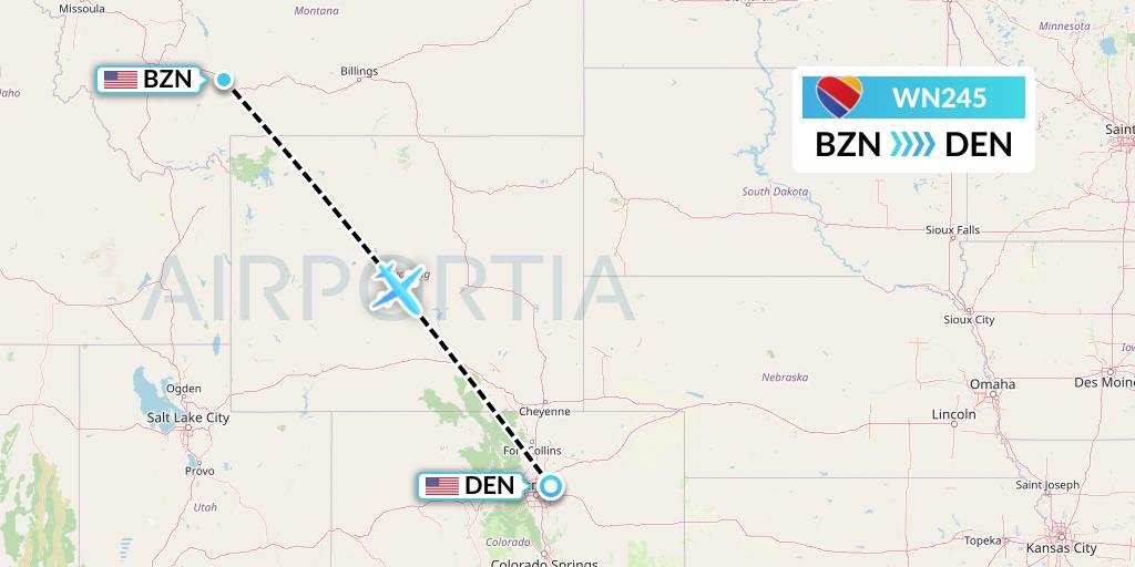 WN245 Southwest Airlines Flight Map: Bozeman to Denver