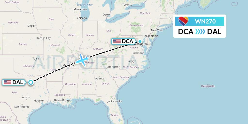 WN270 Southwest Airlines Flight Map: Washington to Dallas