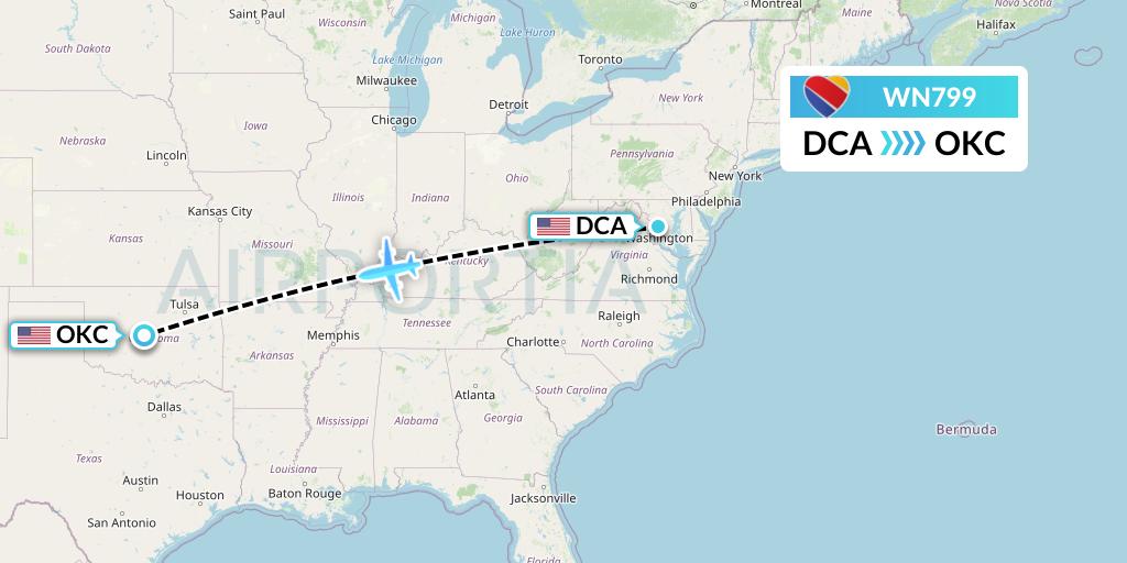 WN799 Southwest Airlines Flight Map: Washington to Oklahoma City
