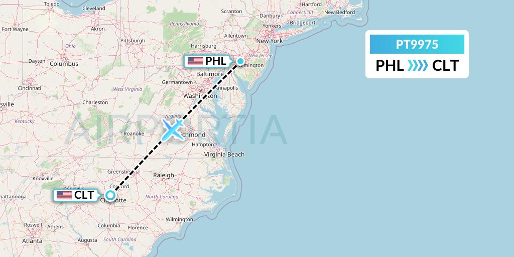 PT9975 Piedmont Airlines Flight Map: Philadelphia to Charlotte
