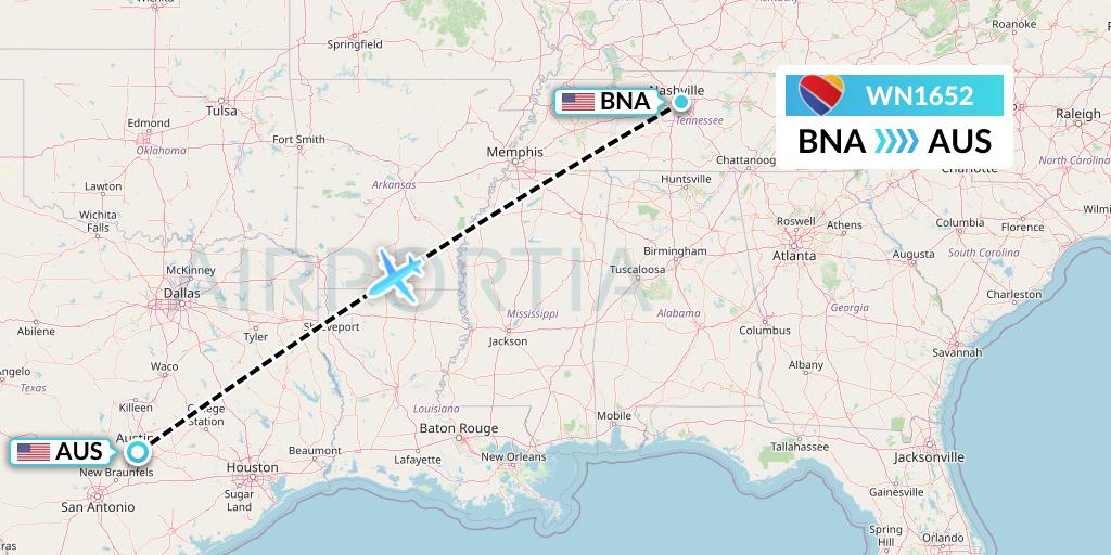 WN1652 Southwest Airlines Flight Map: Nashville to Austin