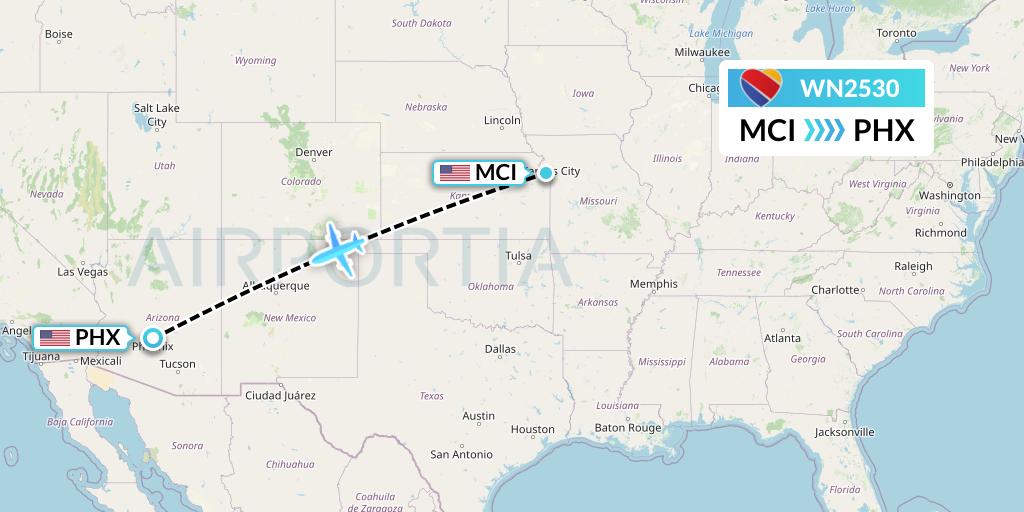 WN2530 Southwest Airlines Flight Map: Kansas City to Phoenix