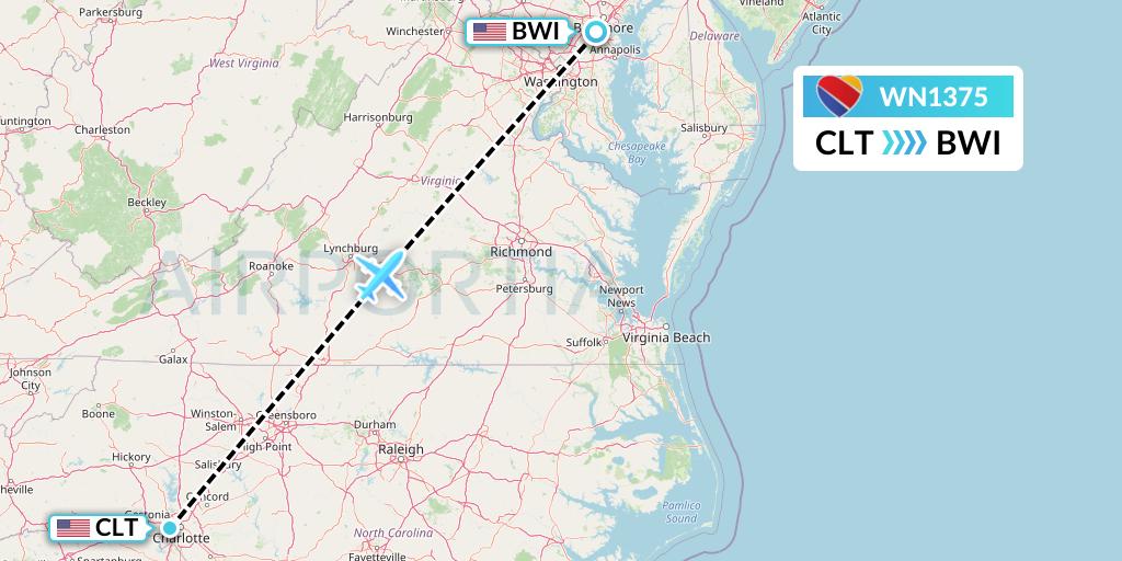 WN1375 Southwest Airlines Flight Map: Charlotte to Baltimore