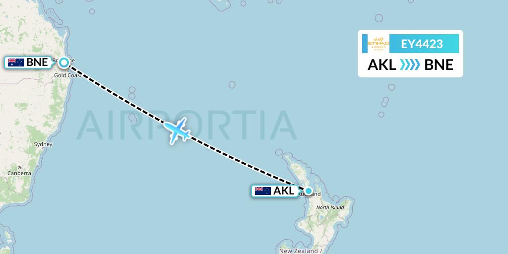 EY4423 Etihad Airways Flight Map: Auckland to Brisbane
