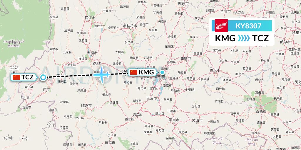 KY8307 Kunming Airlines Flight Map: Kunming to Tengchong