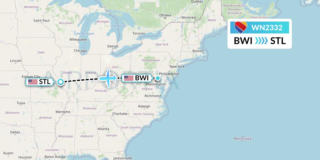 WN2332 Southwest Airlines Flight Map: Baltimore to St. Louis