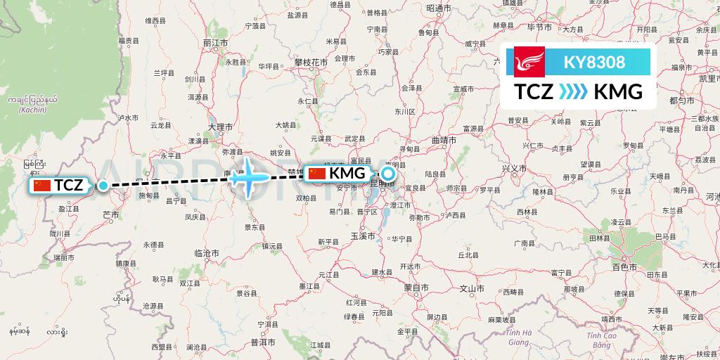 KY8308 Kunming Airlines Flight Map: Tengchong to Kunming