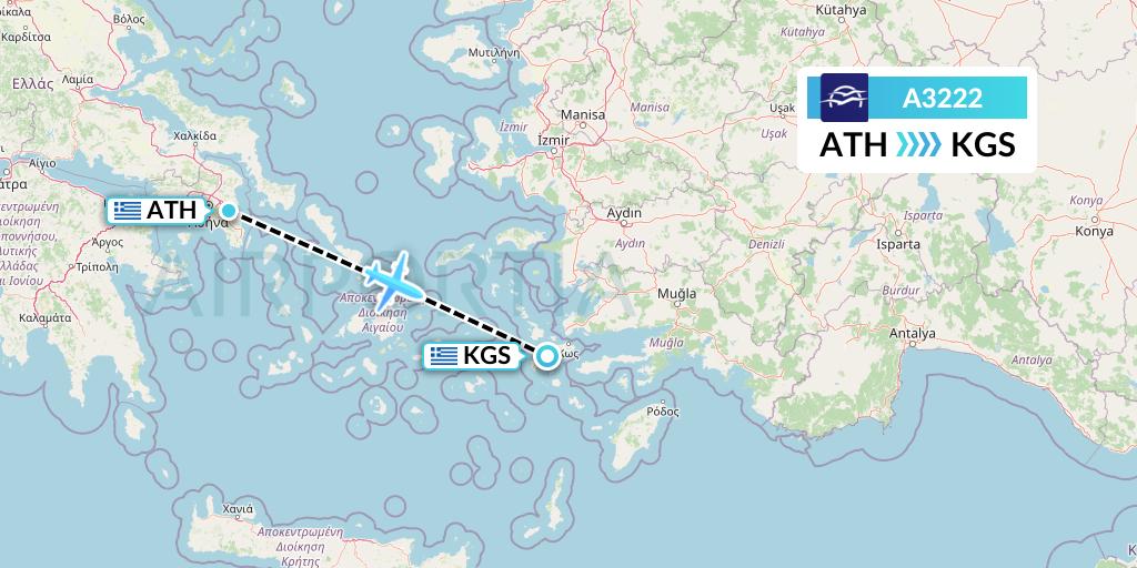 A3222 Aegean Airlines Flight Map: Athens to Kos