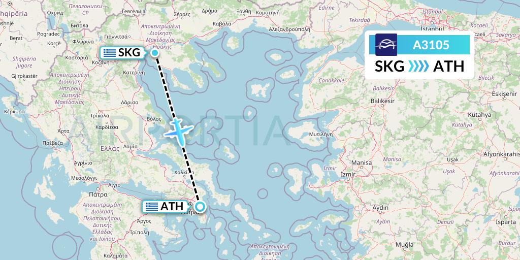 A3105 Aegean Airlines Flight Map: Thessaloniki to Athens