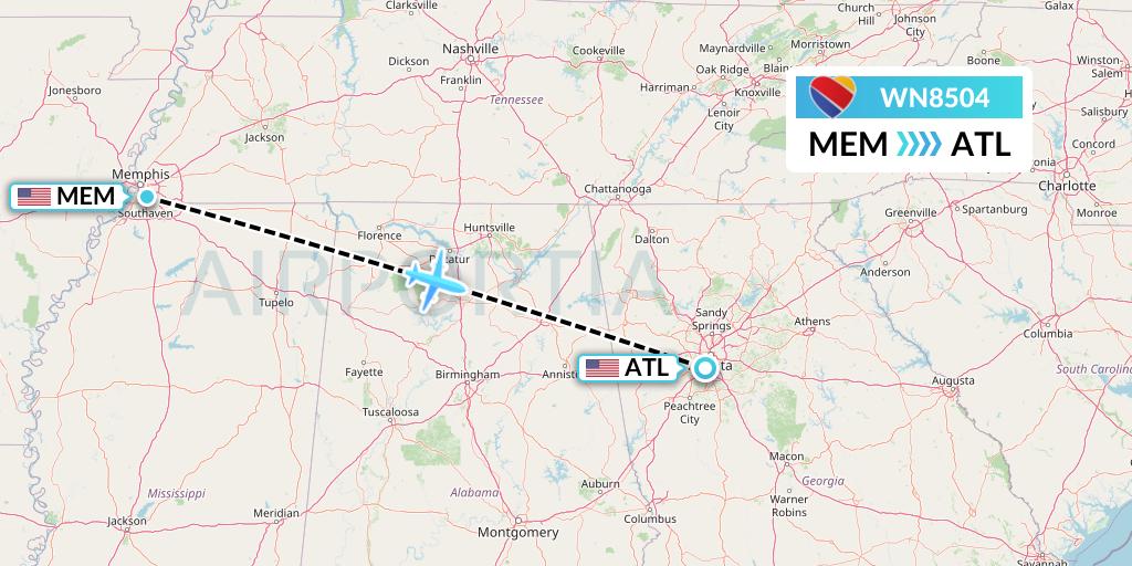 WN8504 Southwest Airlines Flight Map: Memphis to Atlanta