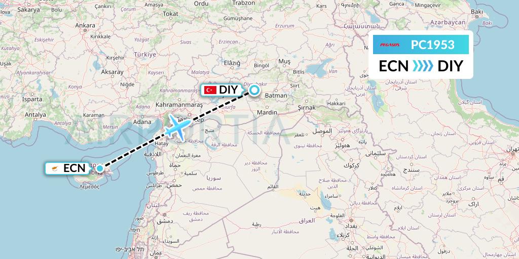 PC1953 Pegasus Airlines Flight Map: Tymvou to Diyarbakir
