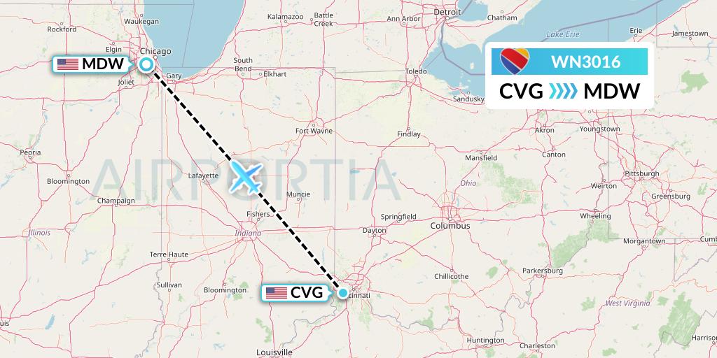 WN3016 Southwest Airlines Flight Map: Cincinnati to Chicago