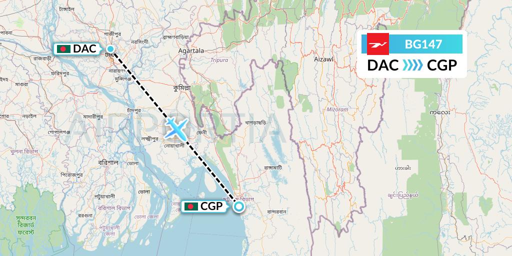 BG147 Biman Bangladesh Airlines Flight Map: Dhaka to Chittagong
