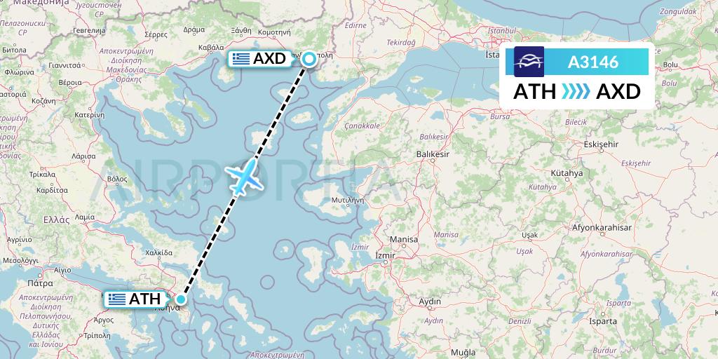 A3146 Aegean Airlines Flight Map: Athens to Alexandroupolis