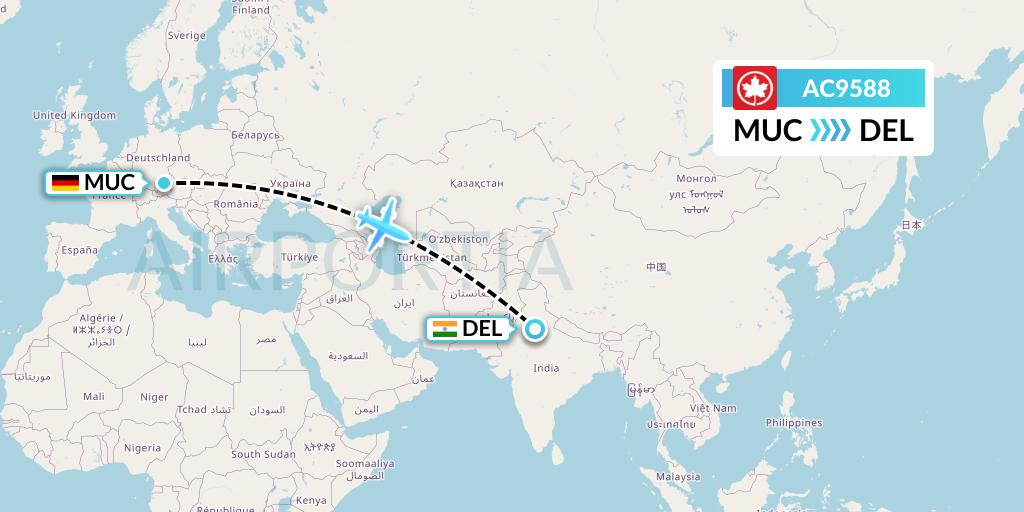 AC9588 Air Canada Flight Map: Munich to Delhi
