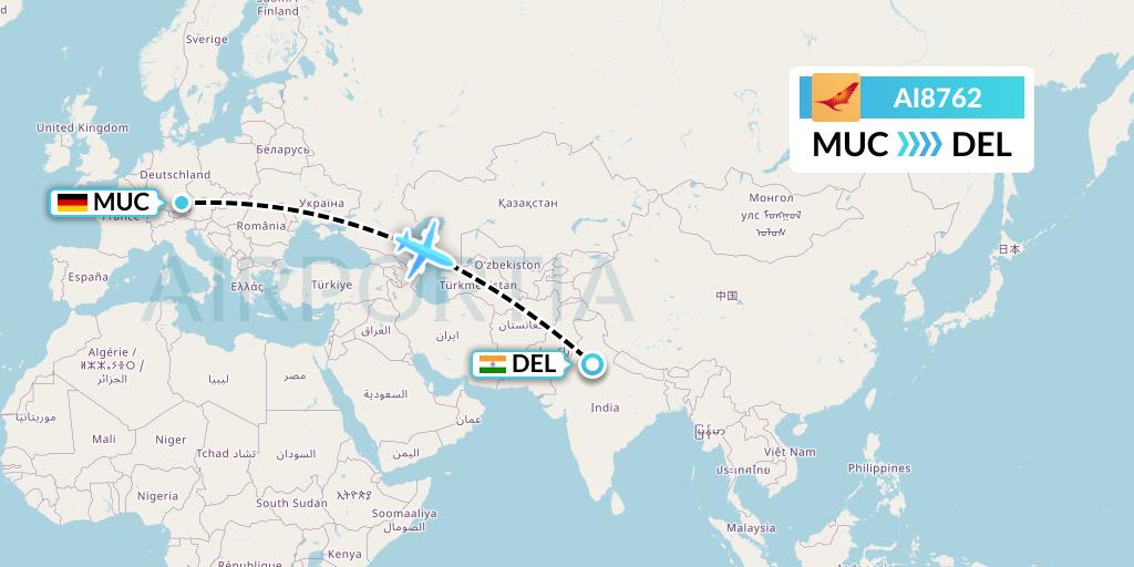 AI8762 Air India Flight Map: Munich to Delhi