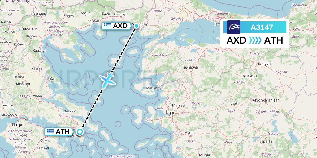 A3147 Aegean Airlines Flight Map: Alexandroupolis to Athens