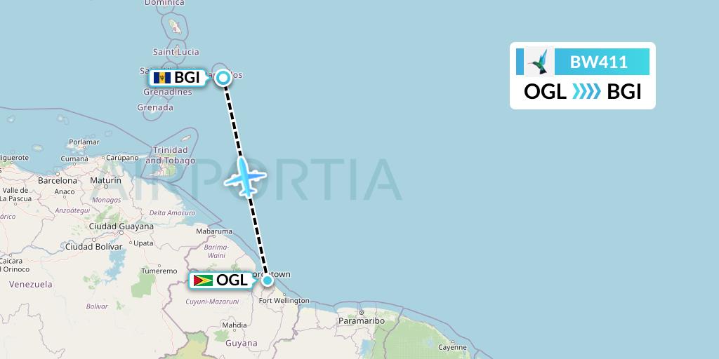 BW411 Caribbean Airlines Flight Map: Georgetown to Bridgetown